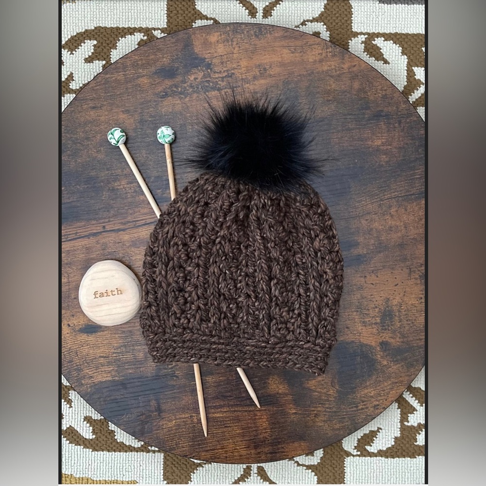 Slouchy beanie: handmade, crochet with faux fur pompom in dark chocolate.